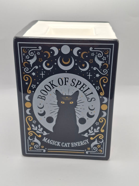 Brûleur livre de sorts chat noir